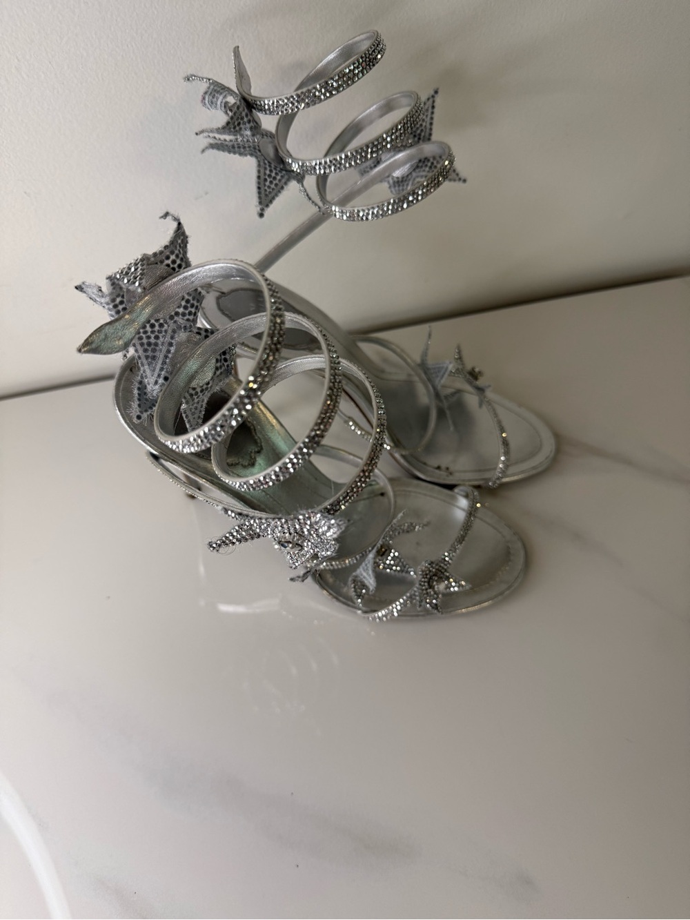 René Caovilla Cleo Star Silver Crystal Spiral Heels Sandals - Picture 7 of 13